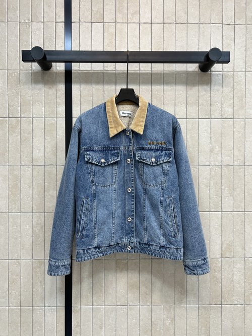 Miu Miu Vintage Denim Jacket with Corduroy Collar and Lamb Wool Lining