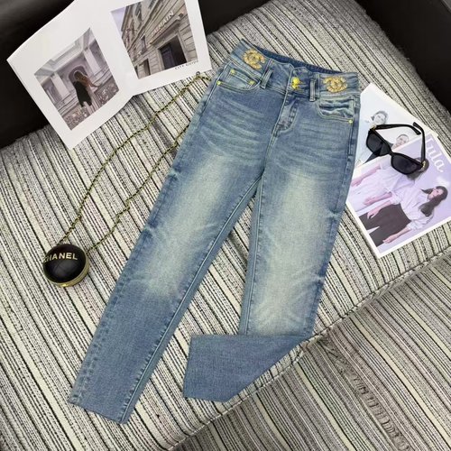 Chanel Skinny Jeans with Double C Logo Embroidery on Waist