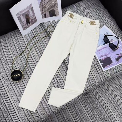 Chanel Skinny Jeans with Double C Logo Embroidery on Waist
