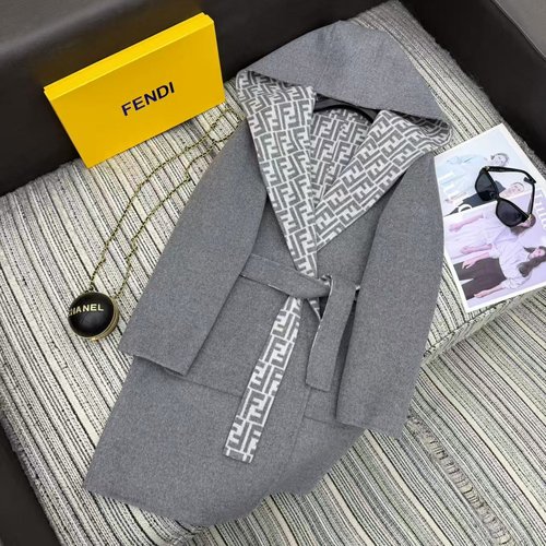Fendi Medium-Length Woolen Coat with Double F Jacquard and Belt