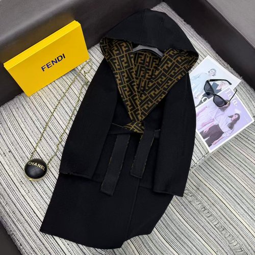 Fendi Medium-Length Woolen Coat with Double F Jacquard and Belt