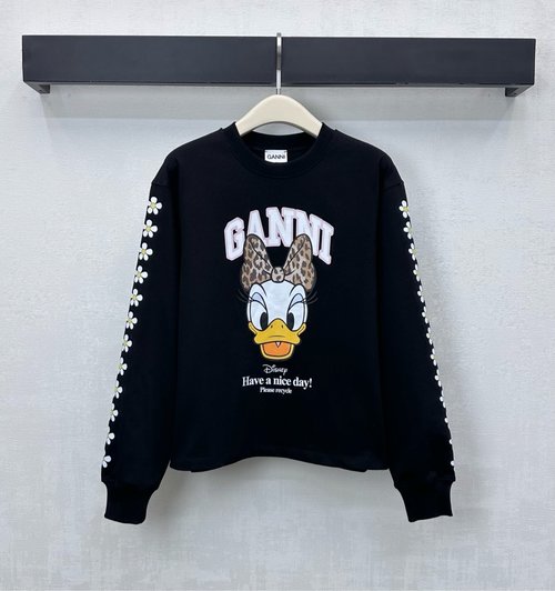 Ganni Disney Co-branded T-Shirt with Duck Pattern and Emblems