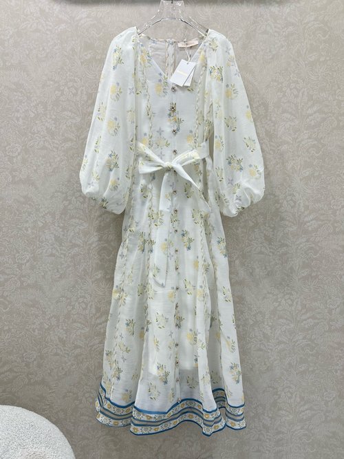 Zimmermann Elegant Printed V - Neck Dress with Belt and Ruffled Waist