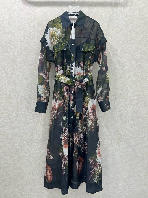 Zimmermann Cotton Blend Collared Long Dress with Printed Pattern and Lace Trim