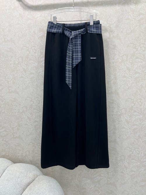 Miu Miu Silk Scarf Accent Drawstring Waist Wide-Leg Pants with Warmth and Comfort