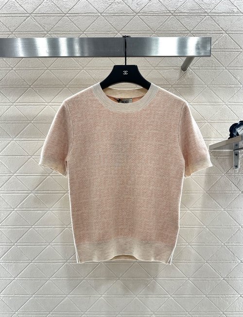 Fendi Double F Logo Jacquard Round Neck Knit Short Sleeve Top