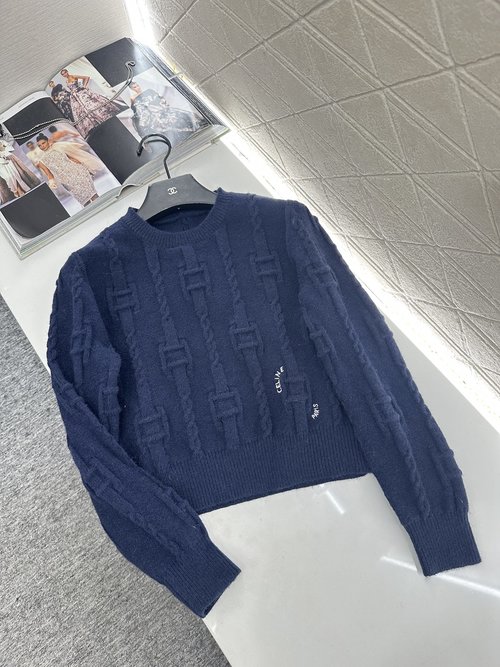 Celine Custom Wool Round-Neck Pullover with Chain Buckles and Logo