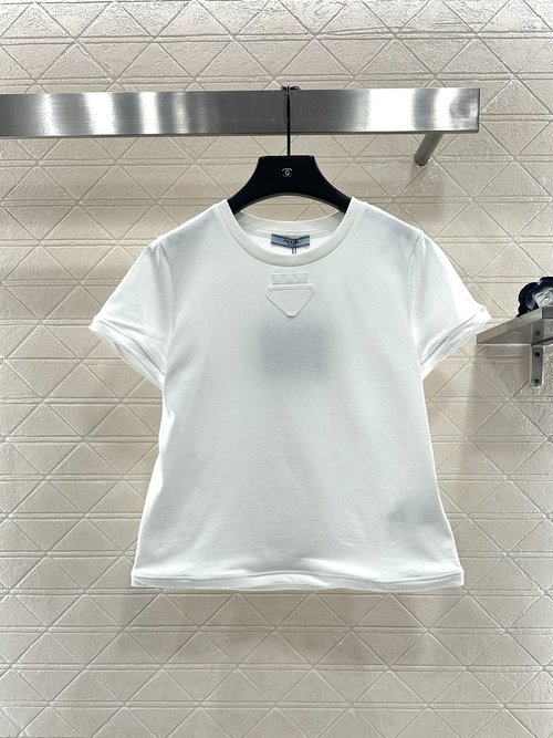 Prada Cotton Short-sleeved T-shirt with Triangle Logo and Steel Ring