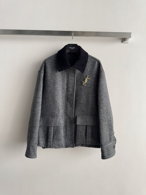 Yves Saint Laurent Sophisticated Woolen Blazer with Detachable Brooch and Pocket Feature