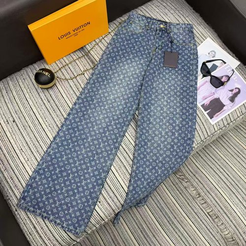 Louis Vuitton Recommended Classic老花 Logo Print Denim Wide - leg Pants