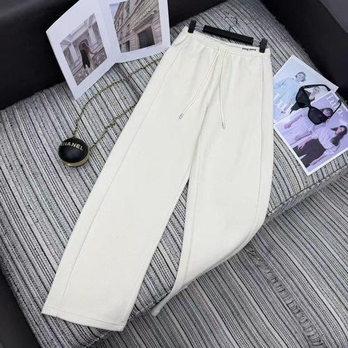 Miu Miu Fashionable Elastic Waist Wide-Leg Knit Pants with Letter Logo