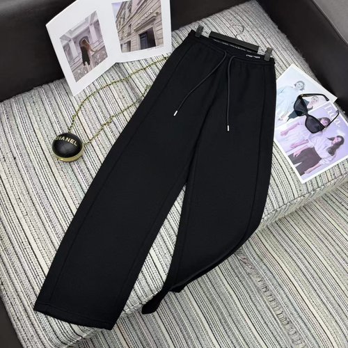 Miu Miu Fashionable Elastic Waist Wide-Leg Knit Pants with Letter Logo