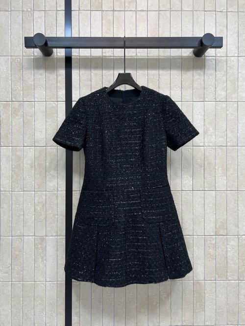 Chanel Black Sequin Tweed Dress with Flared Skirt and Pocket Embellishments