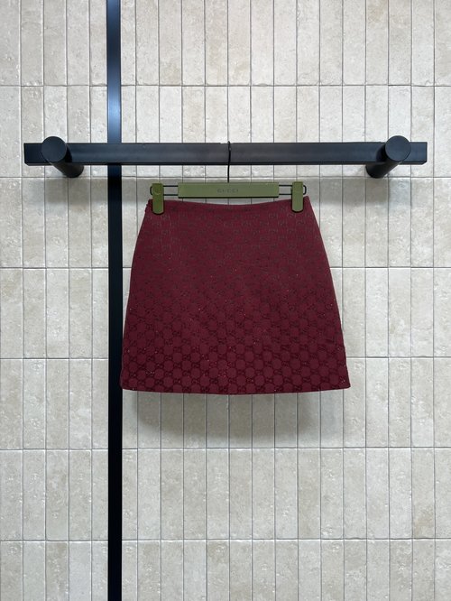 Gucci Wine Red GG Embroidered A-Line Cotton Skirt
