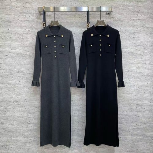 Valentino High-quality Knit Wool Dress with Polo Collar and Slit Hem in Two Subtle Colors