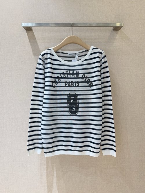 Dior Breathable Knit Long-Sleeve, Striped Letter Accent