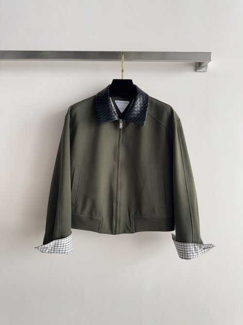 Bottega Veneta Classic Collar Checkered Leather Contrast Jacket