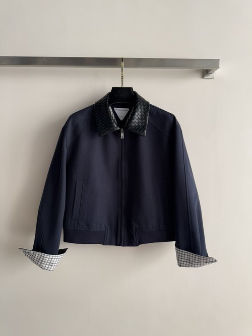 Bottega Veneta Classic Collar Checkered Leather Contrast Jacket