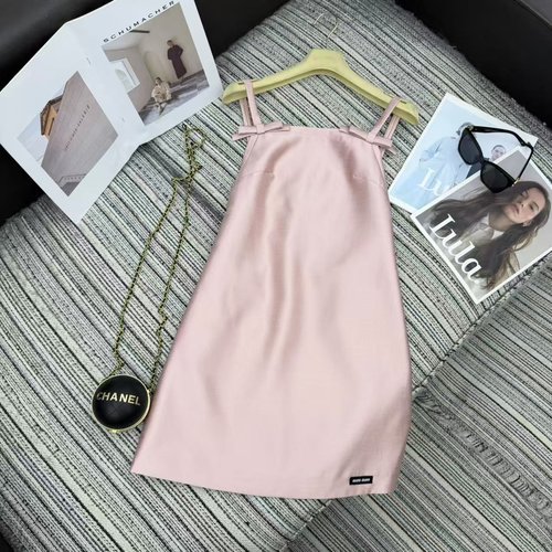Miu Miu Pink Bow Strappy Dress with Letter Accents