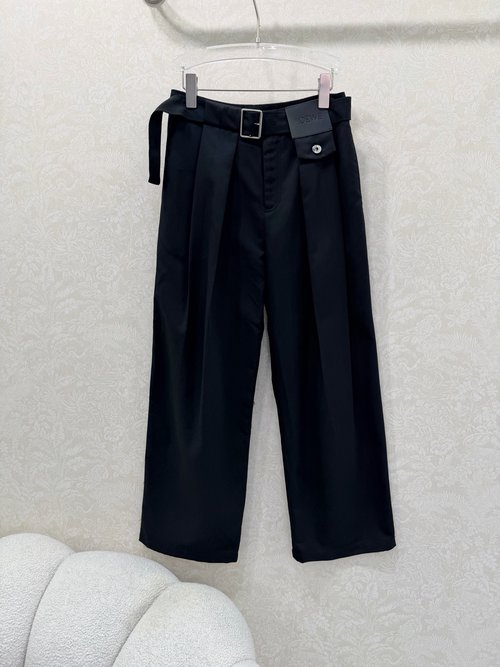 Loewe Wide-Leg Trousers with Leather Belt and Pleated Design