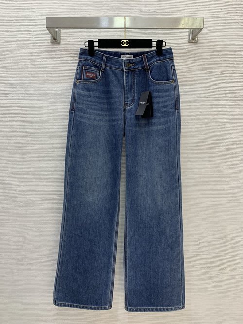 Yves Saint Laurent Customized Denim Straight - Leg Jeans with Contrast Leather Logo