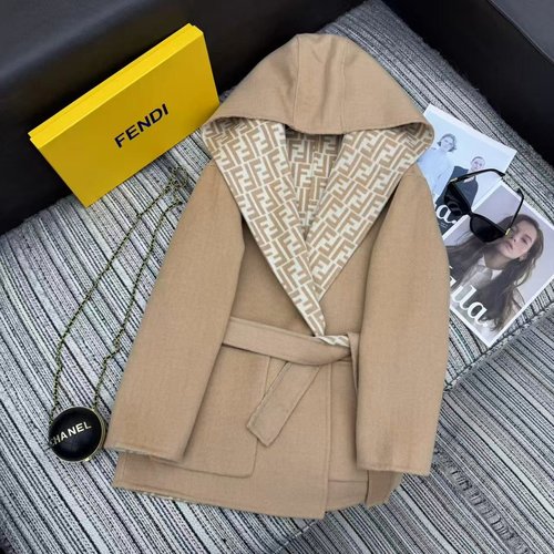 Fendi Woolen Coat with Double F Jacquard and Belt for Elegance