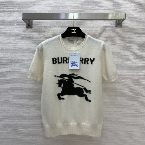 Burberry Wool Knit Round Neck Short Sleeve Top with Logo