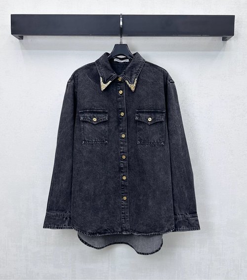 Chanel Ruffled Collar Denim Shirt with Vintage Style