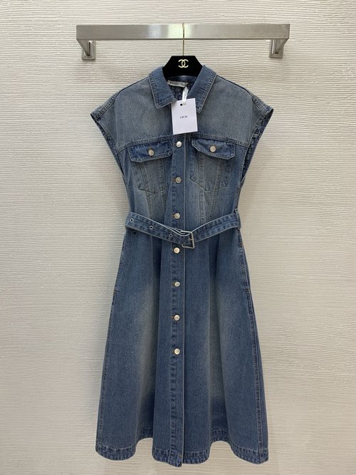 Dior Denim Dress with CD Bee Embroidery, Belt and Side Pockets