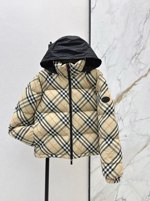 Burberry Hooded Short Down Jacket with Logo Check Pattern