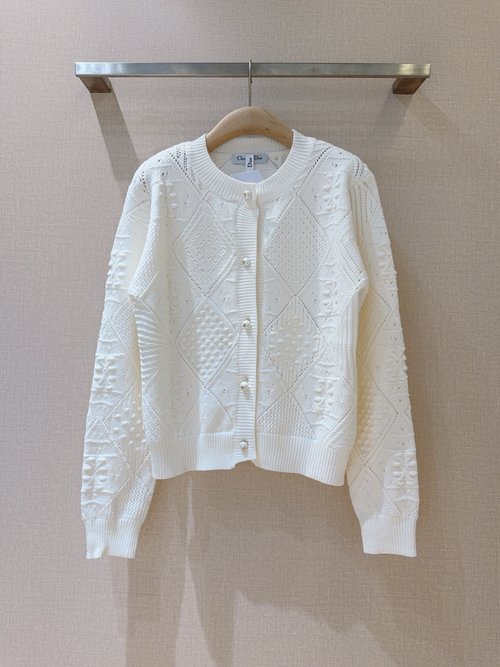 Dior Lattice Hollowed Knit Cardigan, Pearl-Buttoned Grace