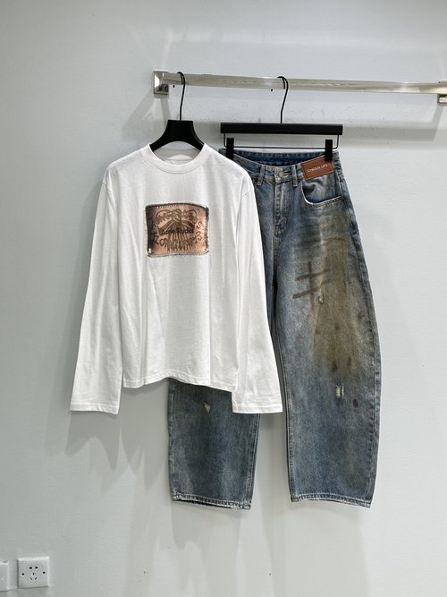 Dior Round Neck Long Sleeve T-Shirt with Bow Print, Bamboo Cotton