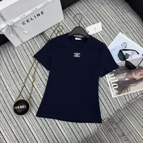Celine Elastic Short-Sleeved T-Shirt with Arch Embroidered, High-Elastic Cotton