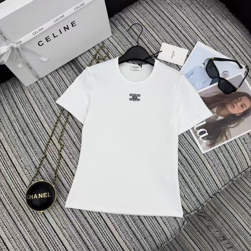 Celine Elastic Short-Sleeved T-Shirt with Arch Embroidered, High-Elastic Cotton