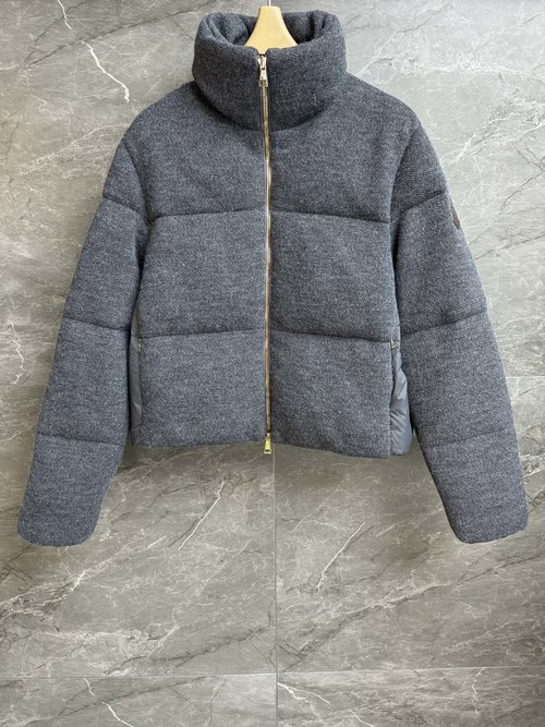 Moncler Stand Collar Zippered Down Jacket, Gray, Cashmere Nylon Blend