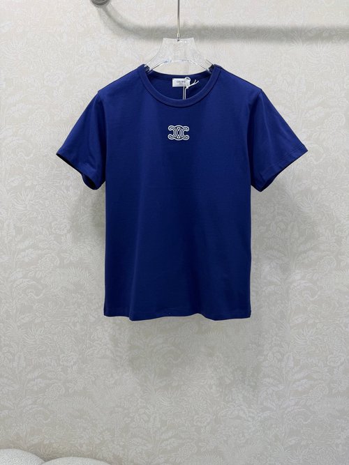 Celine Minimalist Elastic Short-Sleeved T-Shirt with Arch Embroidery