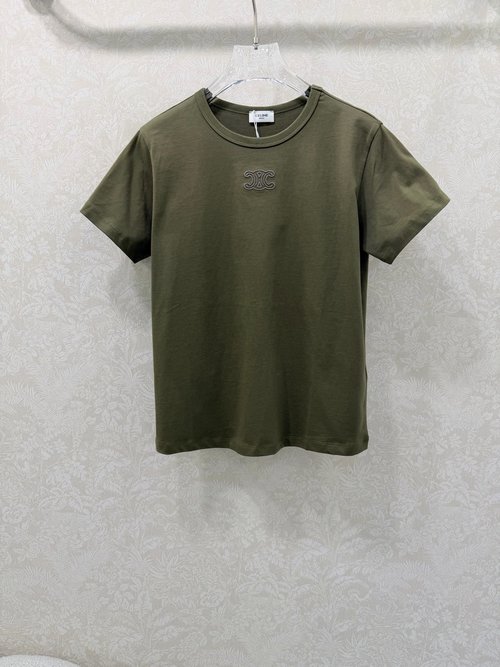 Celine Minimalist Elastic Short-Sleeved T-Shirt with Arch Embroidery