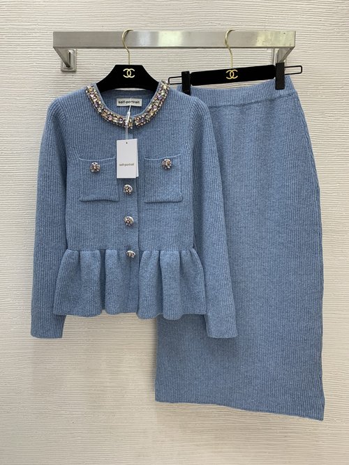 Prada Knitted Two-Piece Set with Diamond-Embellished Buttons and Ruffles