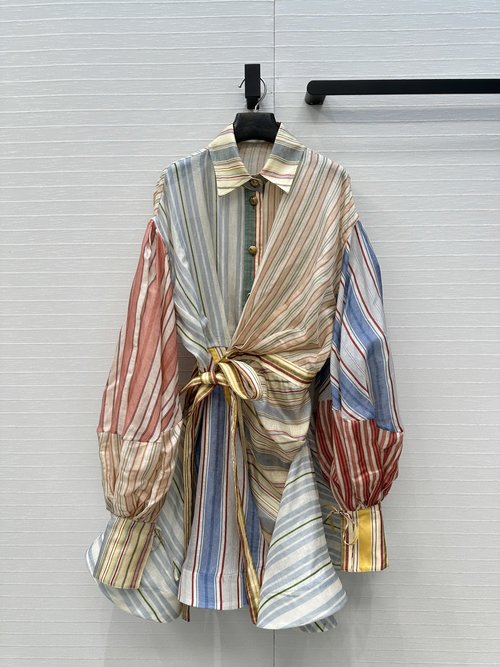 Zimmermann Colorful Stripe Spliced Ruffled Dress with Wrap Waist and Lantern Sleeves