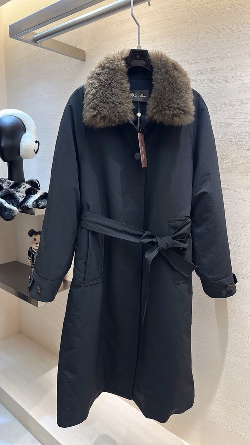 Loro Piana Detachable Cashmere Collar Long Coat, Classic Elegance