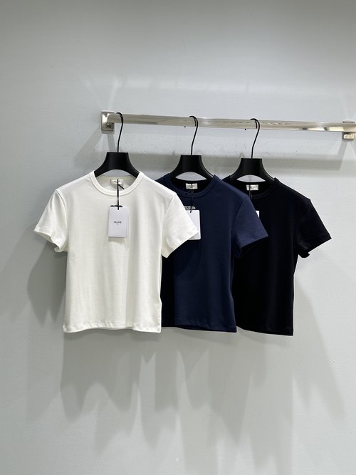 Celine Round Neck Short Sleeve Shirt with Triumph Arch Embroidery, Slim and Elegant Design