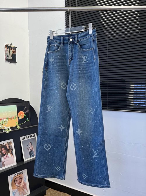Louis Vuitton High-Rise Straight Loose Soft Denim Pants with Monogram Print, Front Rhinestones, Lined