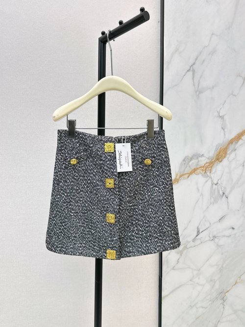 Chanel Classic A-Line Tweed Mini Skirt with Gold Square Buttons, Exuding Luxury