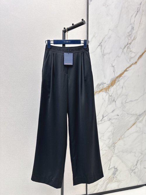 Louis Vuitton Black Wide - Leg Pants with Logo Webbing, Elegant and Comfortable