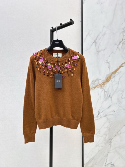 Fendi Customized Heavy-Duty Beaded Sequin Round-Neck Sweater with Exquisite Workmanship