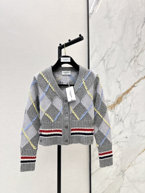 Thom Browne V-Neck Short Knit Cardigan with Checked Pattern and Ribbon Trim