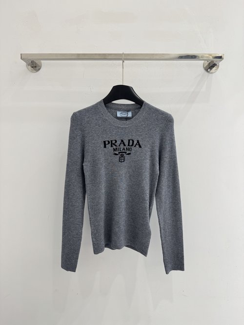 Prada Round Neck Knitted Top with Letter Jacquard