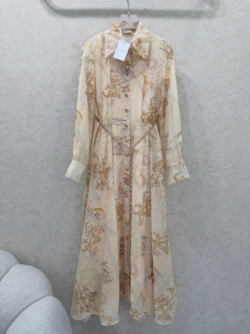 Zimmermann Positioned Floral Long Dress with Ruffled Sleeves and Chain Waistband