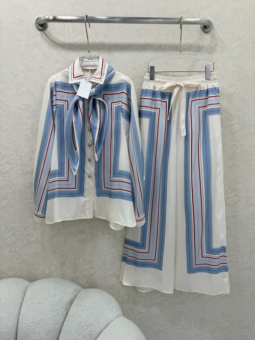 Zimmermann Striped Collared Shirt and Wide-Leg Pants Set in Silk Twill