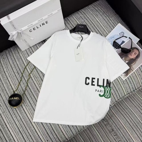 Celine Letter Print Round-Neck Short-Sleeved T-Shirt with Matte Finish